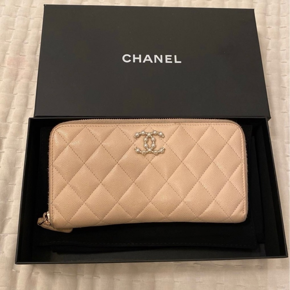 CHANEL Quilted Zip-Around Wallet in Beige with Pearl CC